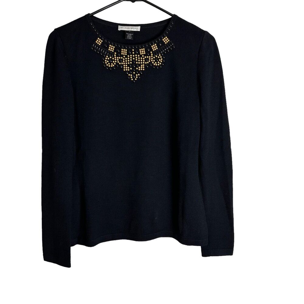 St John Sport Womens Pullover Top Size P Wool Rayon Black Embellished Neckline